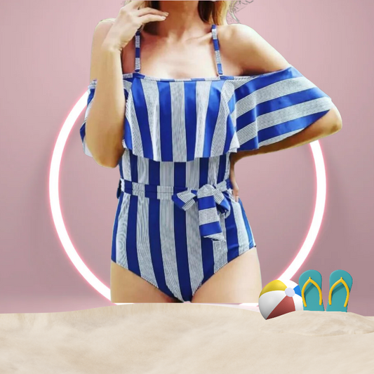 Traje de baño azul de rayas verticales – Off shoulder, talla 2XL