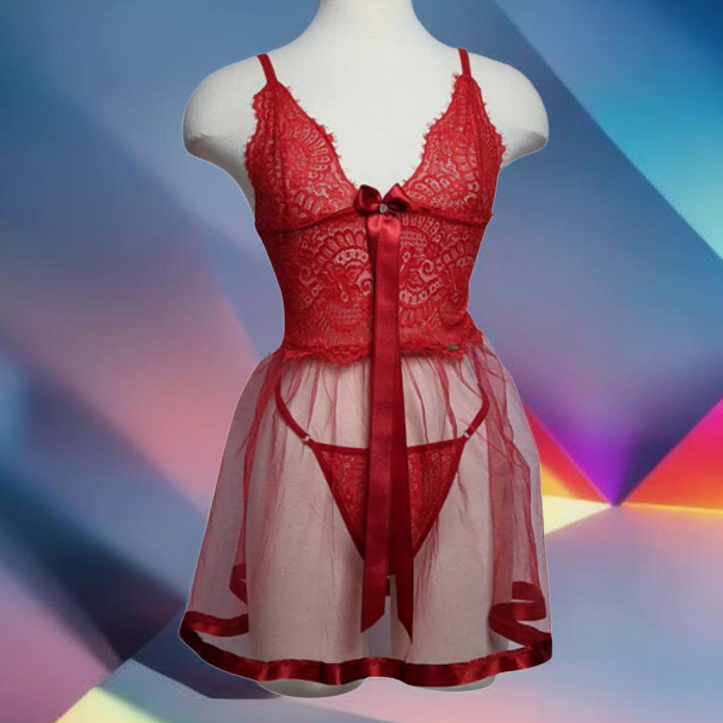 Babydoll  en encaje y Falda transparente en tul  color rojo incluye un cuarzo rosado.  Topasio