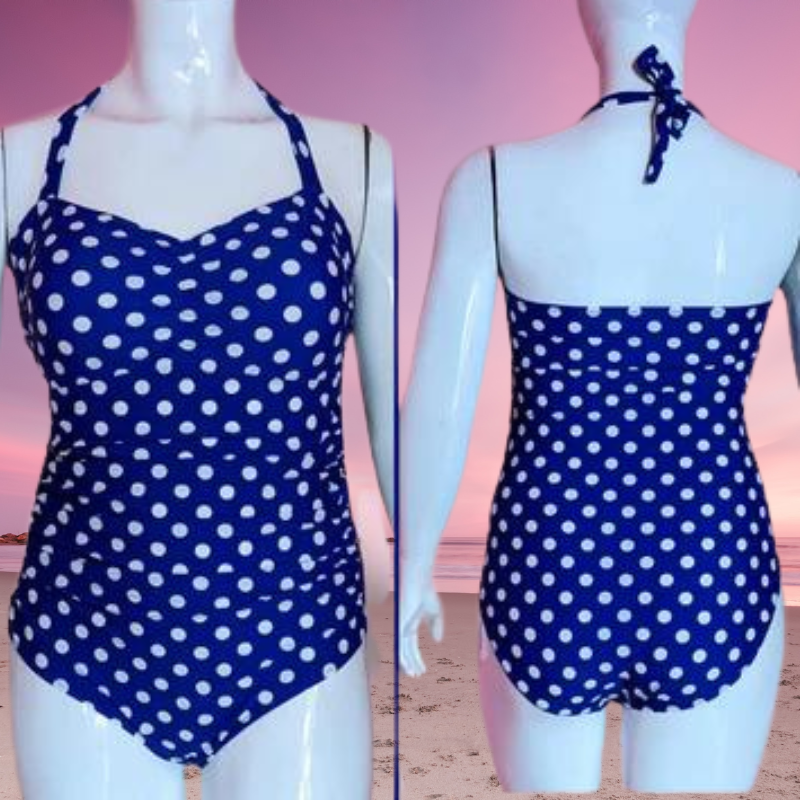 Traje de baño de una sola pieza color azul con bolitas blancas Spot
