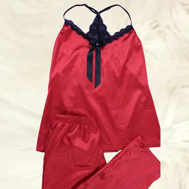 Pijama de seda de pantalón largo color rojo con encaje negro (Admirate)