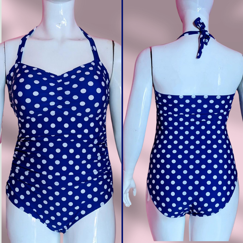 Traje de baño de una sola pieza color azul con bolitas blancas Spot