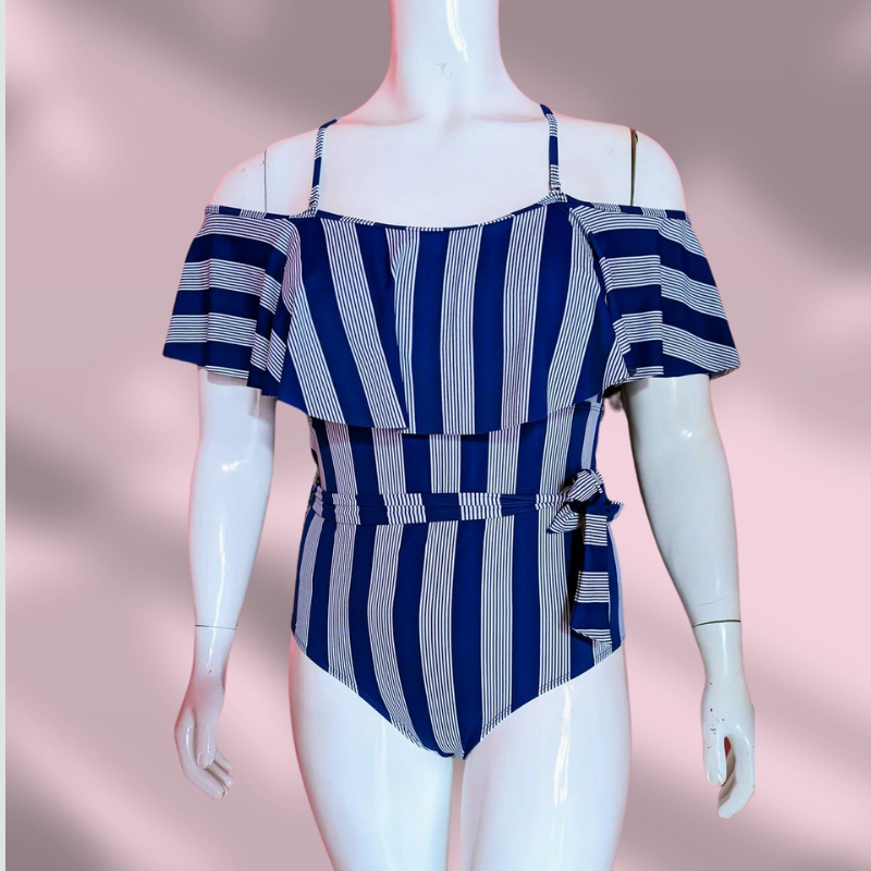 Traje de baño azul de rayas verticales – Off shoulder, talla 2XL