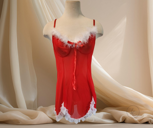 Babydoll roja semitransparente con plumas  Ayudante de Santa Rojo  Babydoll