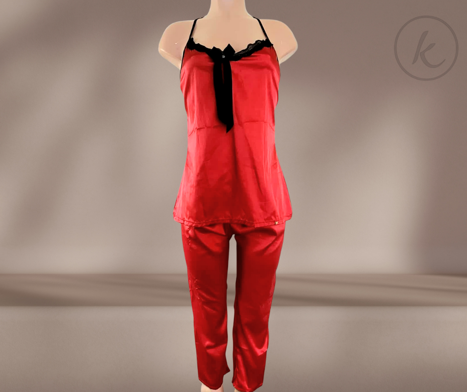 Pijama de seda de pantalón largo color rojo con encaje negro (Admirate)