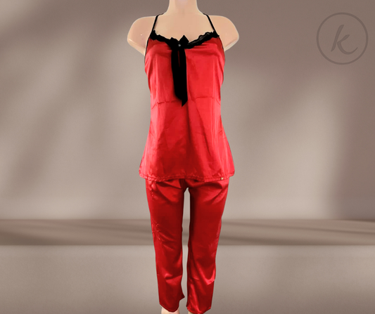 Pijama de seda de pantalón largo color rojo con encaje negro (Admirate)