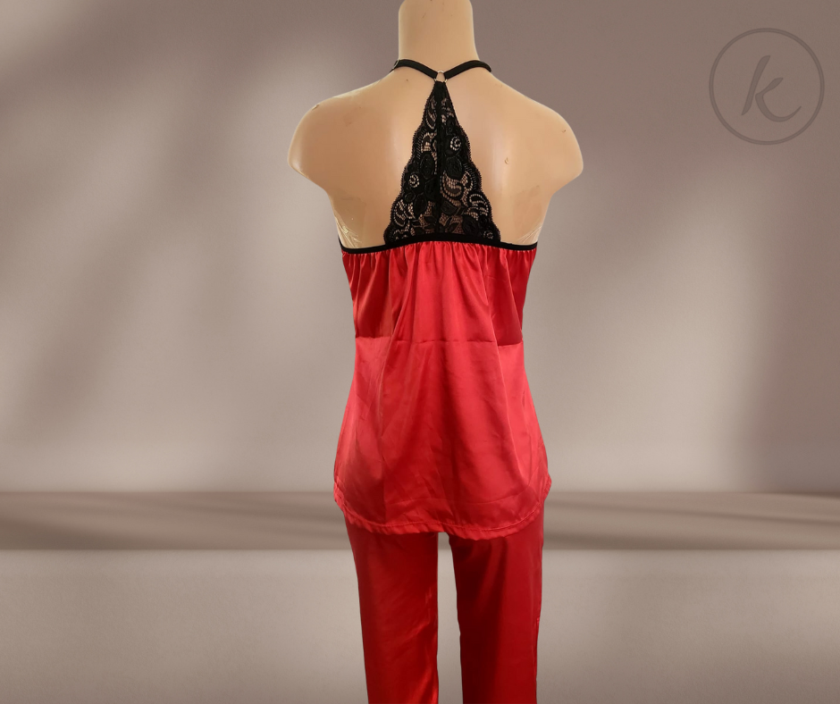 Pijama de seda de pantalón largo color rojo con encaje negro (Admirate)