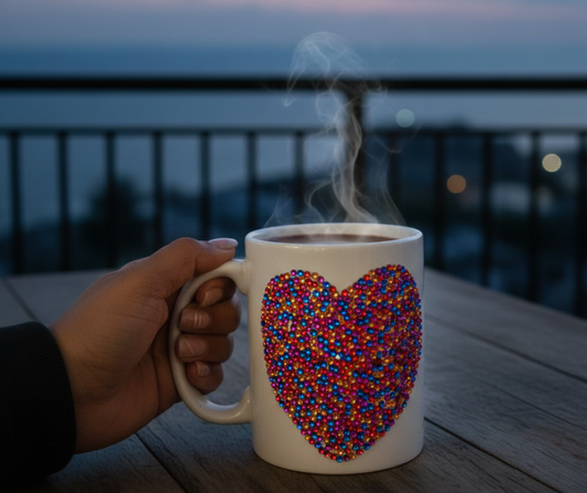 Taza de corazon de cristales de colores