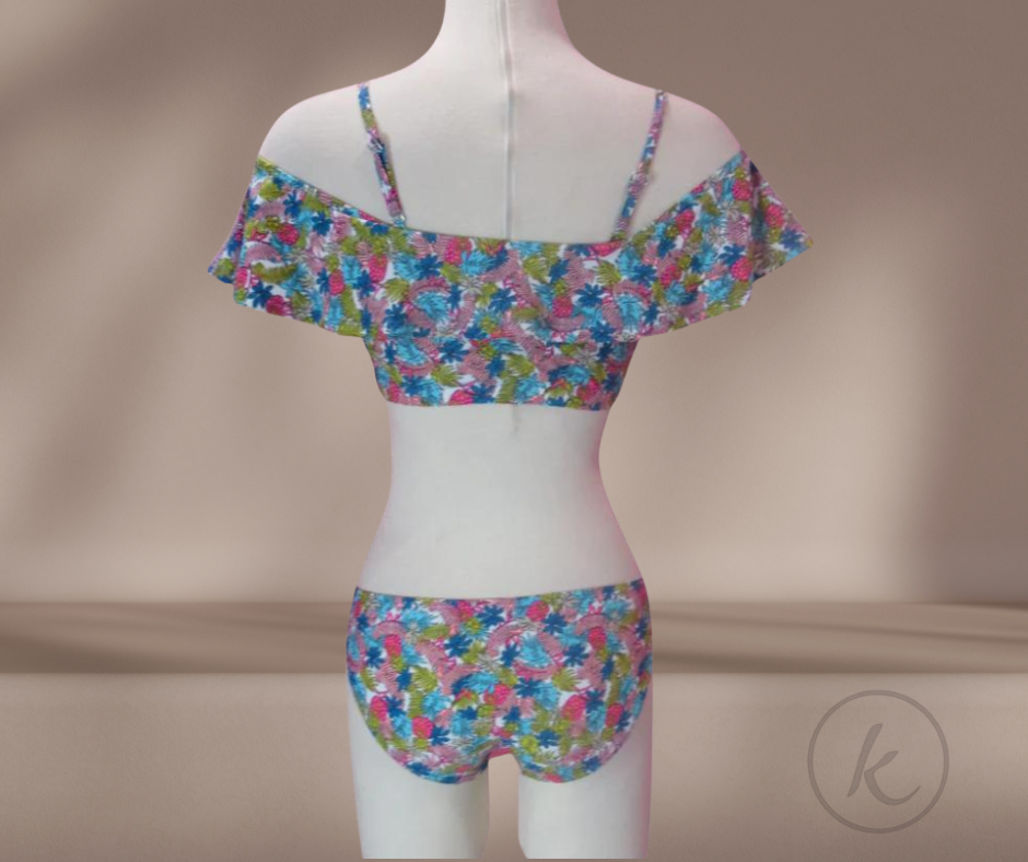 PASION - Traje de baño de dos piezas con blusita de risos con estampados de Piña - Tamaño Small  (Ordena por WhatsApp)