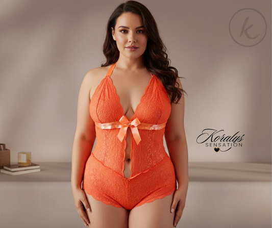 BODYSUIT NARANJA -Tamaño L y XXL - De encaje - Hecho en Colombia incluye un cuarzo rosado preparado por una Terapeuta Reiki